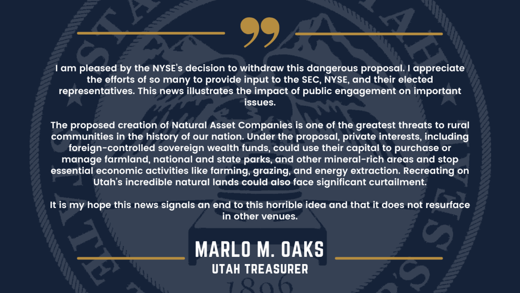 Treasurer Oaks releases statement on NYSE decision to withdraw Natural Asset Company proposal